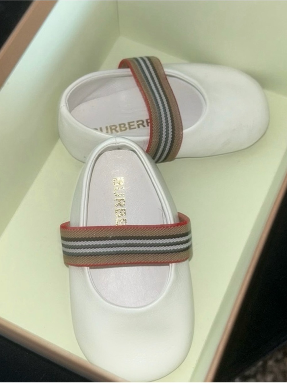 Burberry White Girls Mary Jane Shoes with Striped Elastic Strap